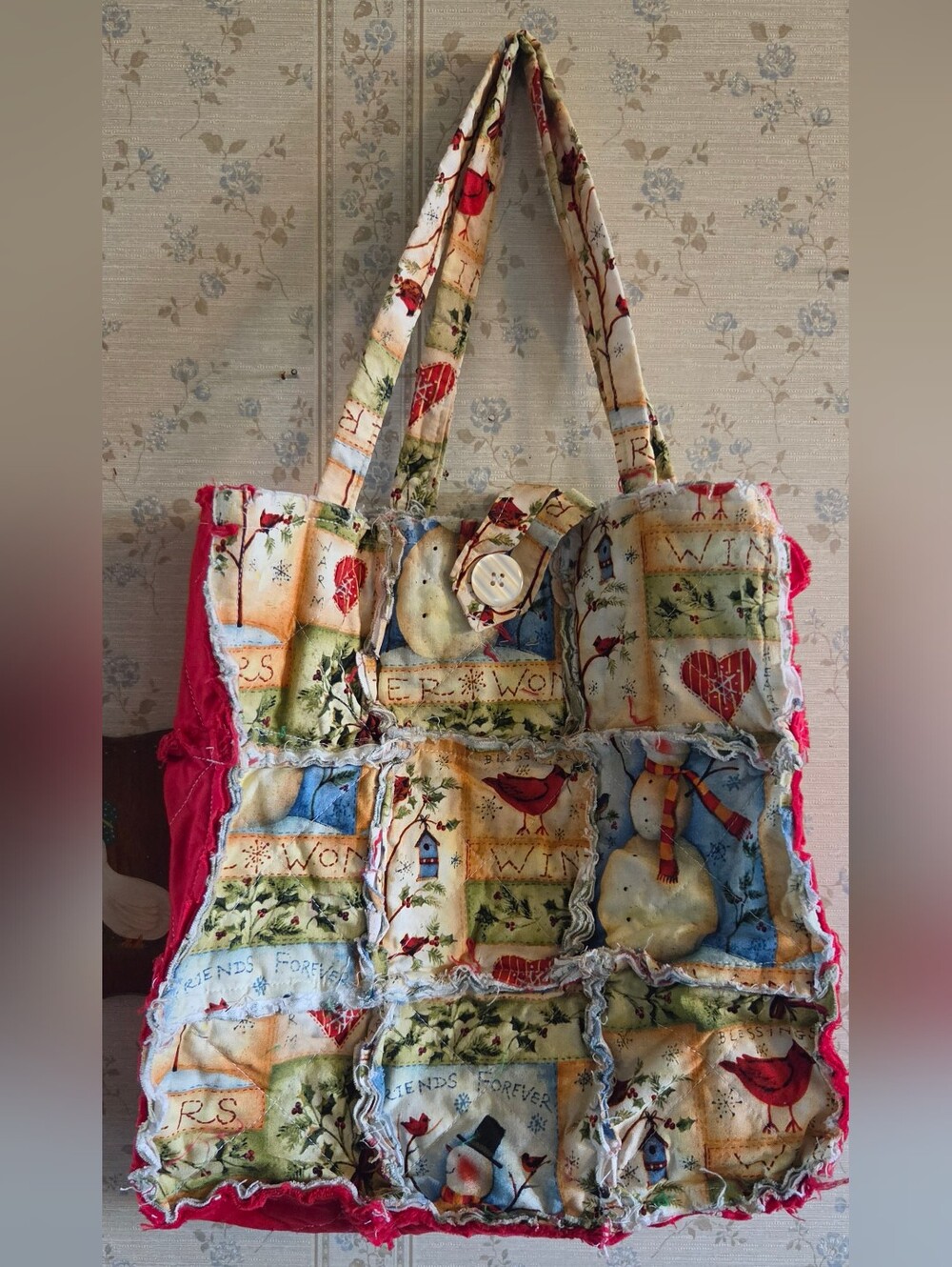 Handmade Patchwork Holiday Tote Bag in Multi-Color, Cardinals/snowman
